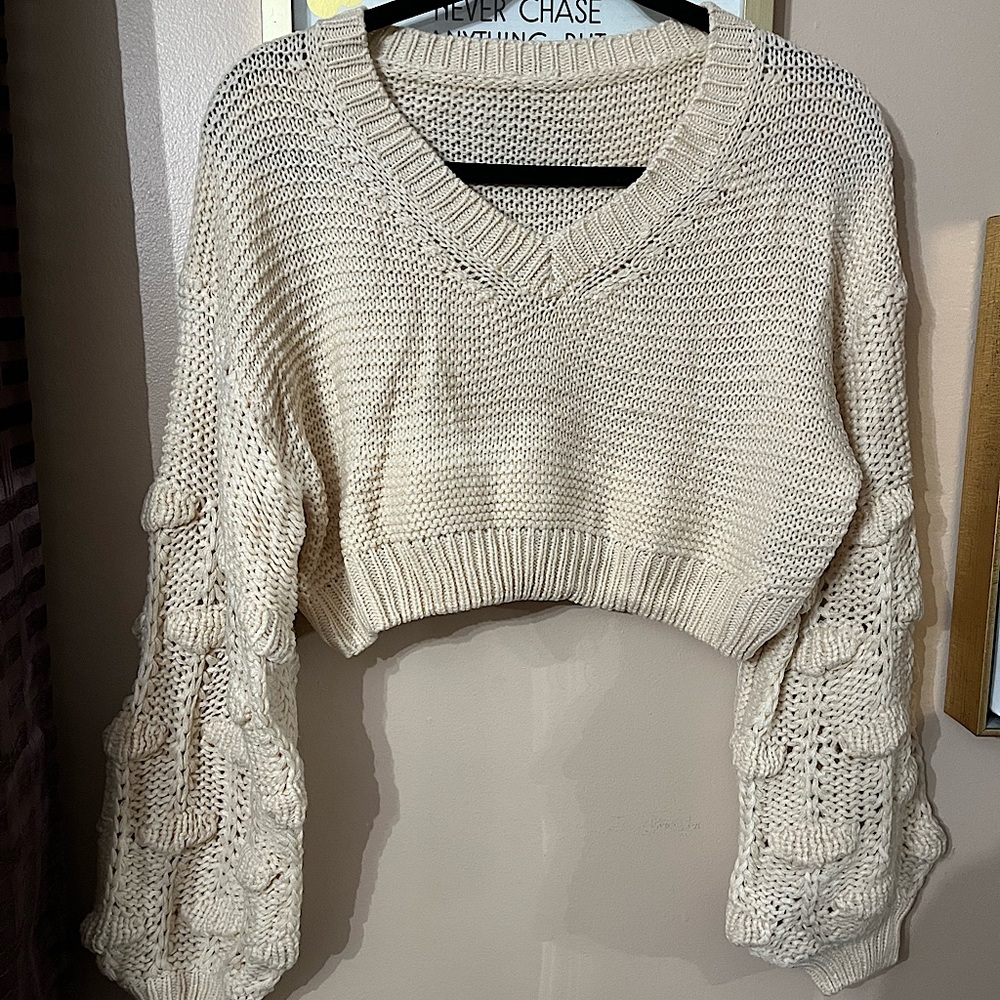 Shein Pom Pom Drop Shoulder Cropped Sweater in Beige — Large